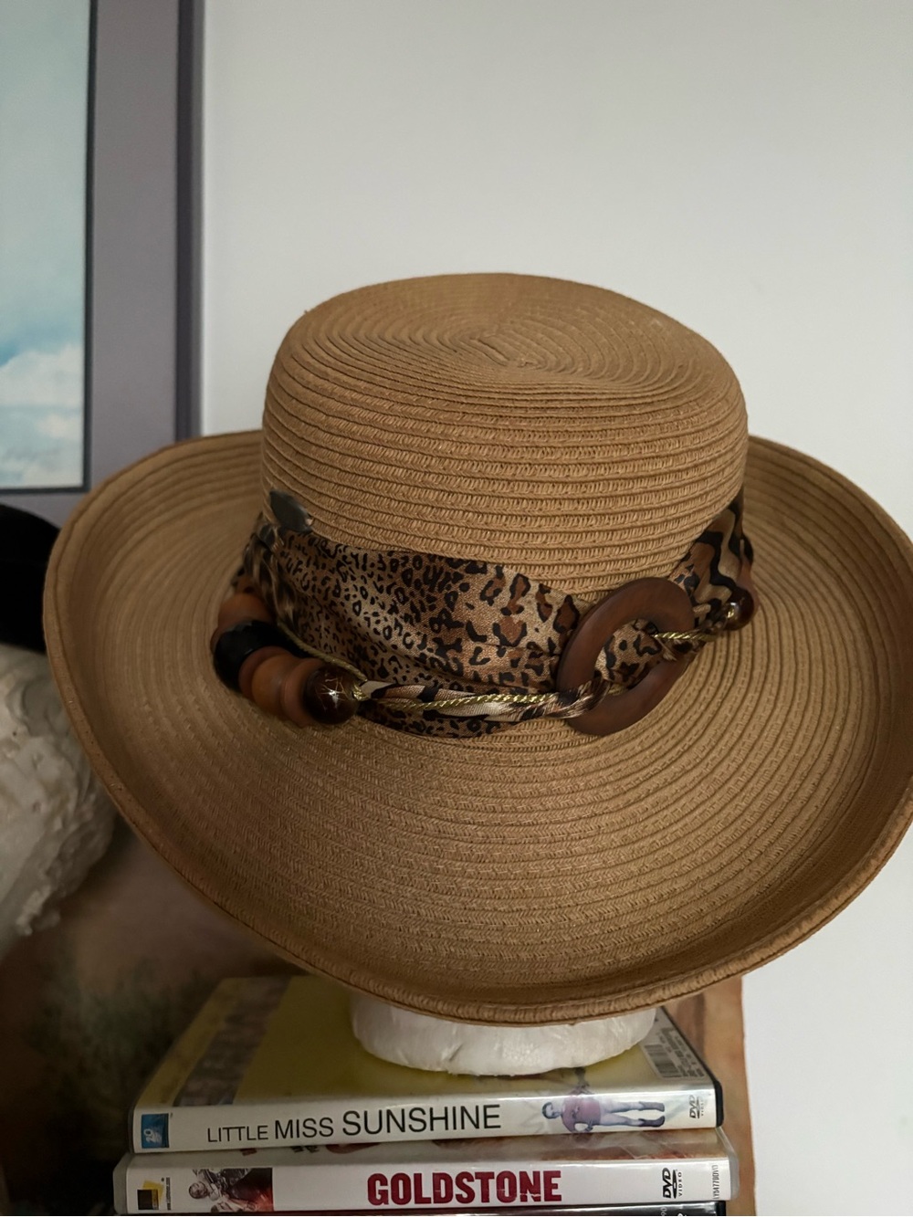 Capelli of New York Tan Straw Sun Hat with Leopard Scarf and Brown Accents